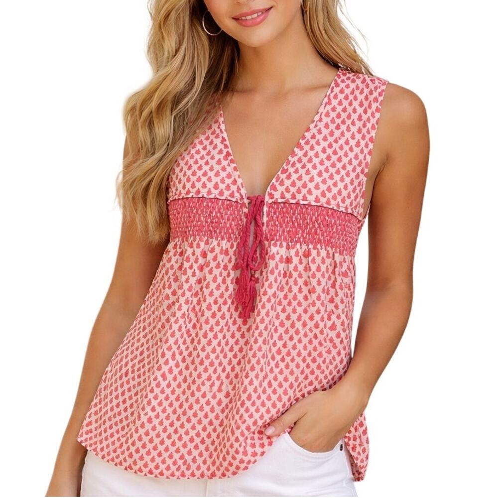 Plenty by Tracy Reese Smocked Tassel Top Womens Medium Pink Boho Sleeveless Tank